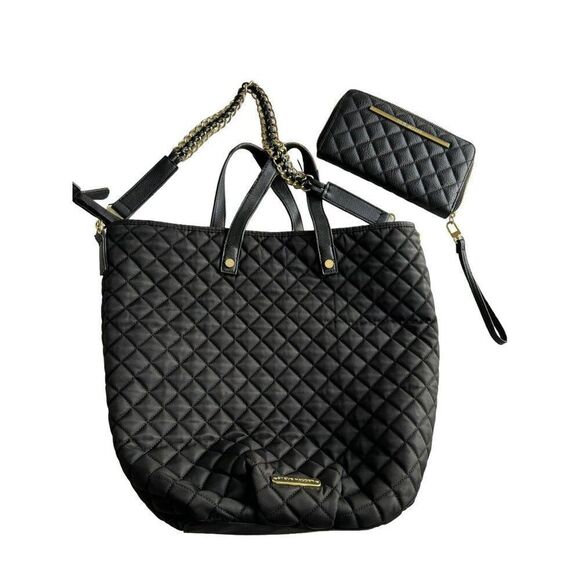 Steve Madden Black Quilted Tote & Wallet Set- note wear - Picture 1 of 8